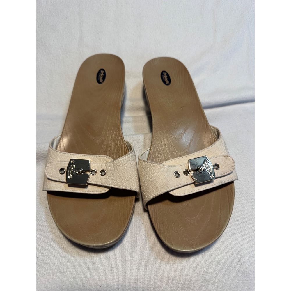 Dr Scholls Shoes Womens Cream Snakeskin Buckle Slide Wedge Sandals Cream Tan